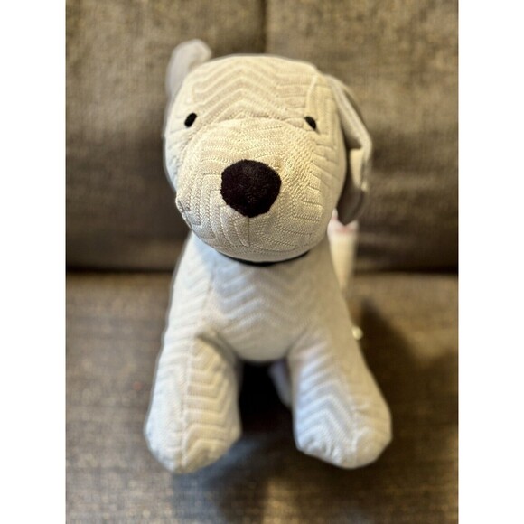 Grey Herringbone Striped Dog Stuffed Weighted Door Stop Begging New Tag Morgan - Picture 2 of 9